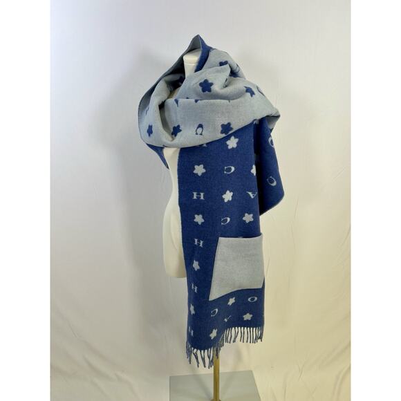 Coach Logo Blue Oversized Muffler Wool W.Pocket Shawl 80 inches - Picture 2 of 11